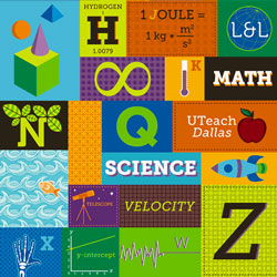 UTeach Dallas. A collage of symbols representing educational subjects.
