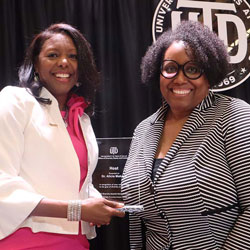 From right, Dr. Yvette E. Pearson, vice president for diversity, equity and inclusion at UT Dallas, thanks Alicia Makaye, PhD’12, for serving as host of the 13th Annual Diversity Awards.