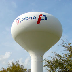 The City of Plano Water Tower. Photo credit: CC BY-SA 3.0 2010, David R. Tribble  on Wikimedia Commons [https://commons.wikimedia.org/wiki/File:WaterTower-Plano-7594.jpg]