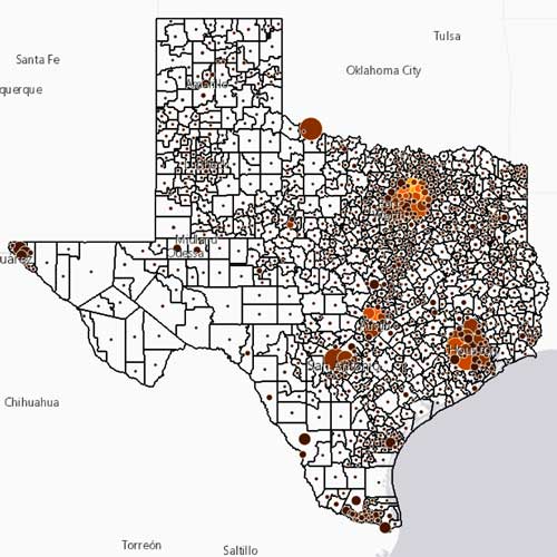 The Connection. A closeup of an interactive map of Texas.