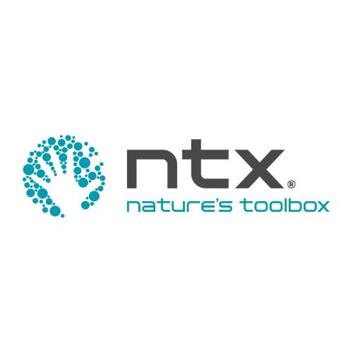 The NTX Logo. A group of different-sized aquamarine circles that form a bigger circle with an empty space inside in the shape of a human hand. Next to it appears the text “NTX. Nature’s Toolbox.”.