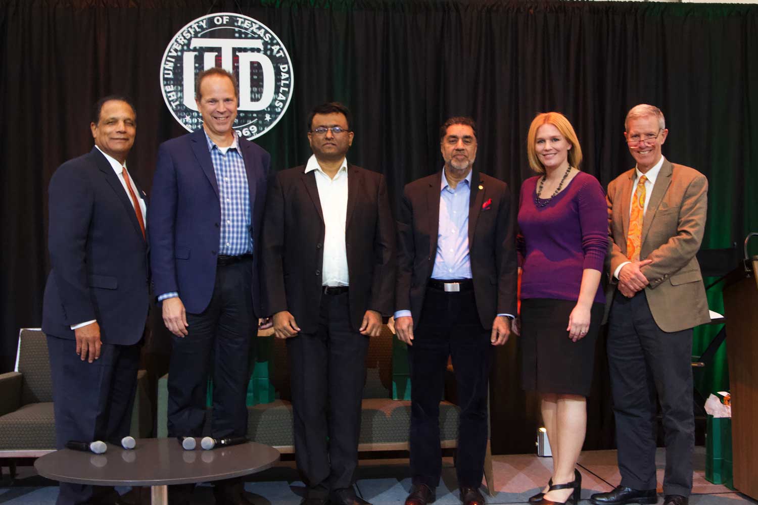 From left: Dr. Calvin D. Jamison, vice president for Facilities & Economic Development, stands with the panel of “Forging the Future in North Texas”: Scott Abramson, head of product development and technology strategy for Credit Union Solutions at Jack Henry; Koushik Venkataraman, director of Workforce Development for Texas Instruments; Babar M. Bhatti, AI thought leader and advisor; Gabby Everett, director of Business Operations & Strategy and site head for BioLabs Pegasus Park; and moderator Dr. Joseph J. Pancrazio, vice president for Research and Innovation.