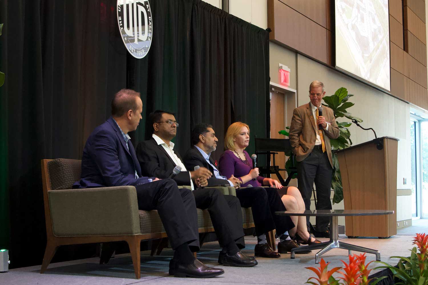 From left: a panel discussion on “Forging the Future in North Texas”: Scott Abramson, head of product development and technology strategy for Credit Union Solutions at Jack Henry; Koushik Venkataraman, director of Workforce Development for Texas Instruments; Babar M. Bhatti, AI thought leader and advisor; Gabby Everett, director of Business Operations & Strategy and site head for BioLabs Pegasus Park; and moderator Dr. Joseph J. Pancrazio, vice president for Research and Innovation